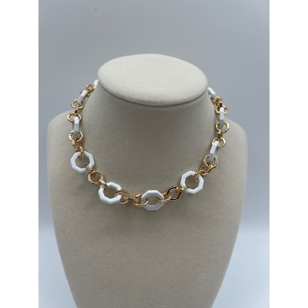 White and Gold Geometric Hexagon Chunky Chain Link Statement Necklace 17.5"